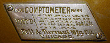 Felt &amp; Tarrant Comptometer: identification plate (click for larger image, 93k)